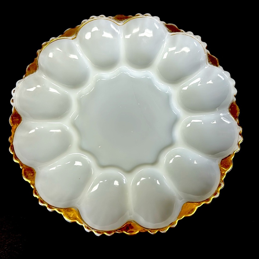 Vintage Anchor Hocking “ Fire King” 10” milk glass gold rim devilled  egg plate